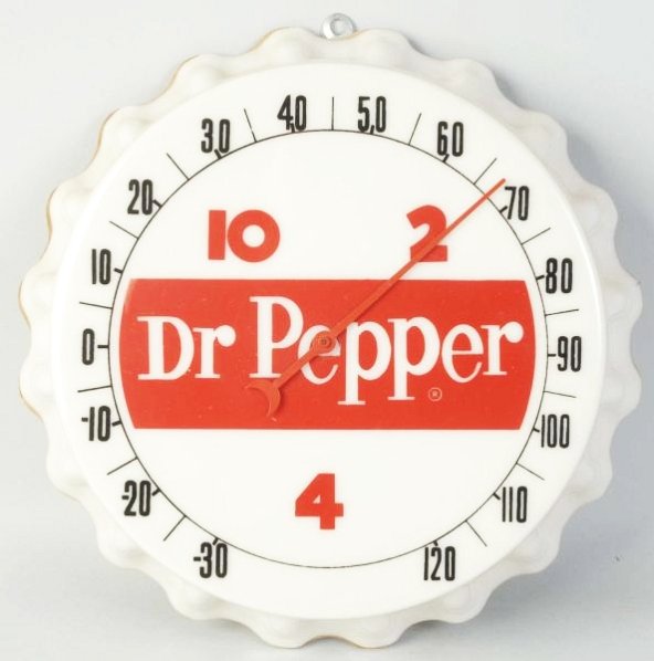 Dr. Pepper Bottle Cap Thermometer.: 1950s. Condition (Near Mint). Size 11" Dia.