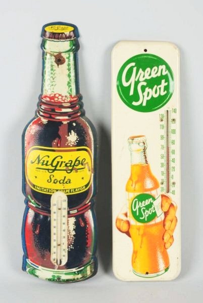 Lot of 2: Soda Advertising Thermometers.: 1950s, with moderate wear on Green Spot and heavier on Nu-Grape. Condition (Good - Excellent). Size Largest: 17" T.
