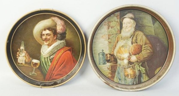 Lot of 2: Beer Advertising Serving Trays.: This lot includes an Olympia Beer tra and a Nevweillers tray. Only very minor chipping throughout. Condition (Very Good). Size Largest: 13 - 1/4" Dia.