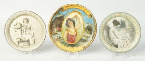 Lot of 3: Advertising Tip Trays.: This lot includes trays advertising Oertel Beer, Gypsy Hosiery and DuBois Budweiser Beer. Condition (Very Good). Size Largest: 6" Dia.