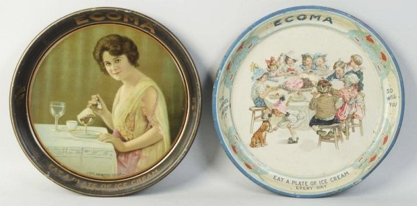 Lot of 2: Ecoma Ice Cream Serving Trays.: One tray depicts a group of children seated around a table eating ice cream. The other depicts a young woman eating ice cream. Condition (Very Good). Size Largest: 13 - 1/2" Dia.