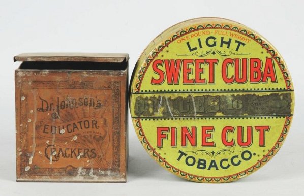 Lot of 2: Advertising Tins.: Includes a Dr. Johnson's Crackers tin and a round Sweet Cuba tin. Condition (Good - Very Good). Size Largest: 8 - 1/4" Dia.