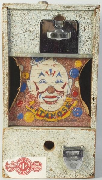 1 Cent Clown Face Chewing Gum Dispenser.: Machine has minor to moderate paint loss overall. Condition (Very Good). Size 16" T.