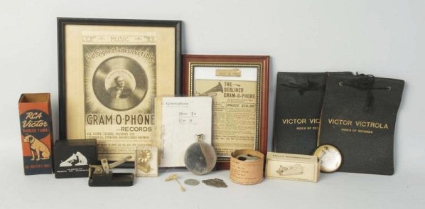 Phonograph Accessories.: Two framed pieces, RCA radio tote, stitch pin two ladle cutting pins and record book. Condition (Excellent). Size Largest: 10 - 3/4" x 8 - 1/2".