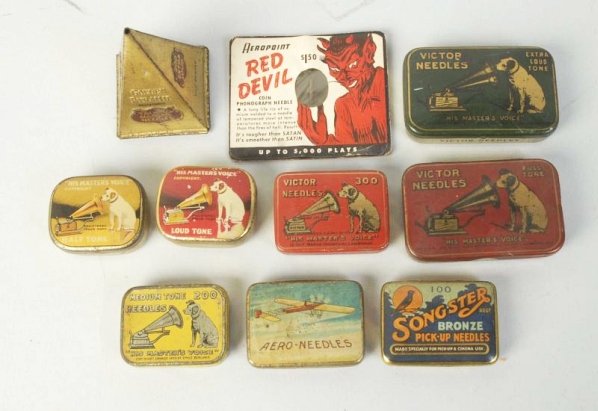Lot of 10: Phonograph Needle Tins.: Nine are tin. Nice graphics. Condition (Excellent). Size Largest: 2 - 1/2" T.
