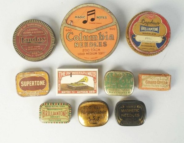 Lot of 10: Phonograph Needle Tins.: Two cardboard and eight tin. Condition (Excellent). Size Largest: 3" Dia.