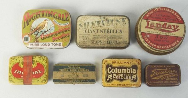Lot of 7: Phonograph Needle Tins.: Needle. Condition (Excellent). Size Largest: 2 - 1/2" L.