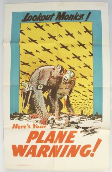 1942 WWII "Plane Warning" Poster.: This 1942 poster depicts Hitler and Hirohito as monkeys looking up in fear as American planes fly overhead. The artwork is by Packer. There are small tears throughout. This is part of the Victory Buil