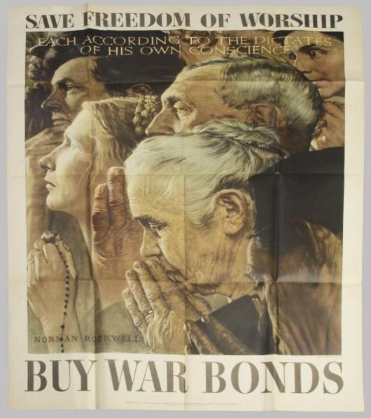 WWII Freedom of Worship Poster.: This classic WWII "Save Freedom of Worship" poster by Norman Rockwell is in excellent condition. There are a few minor tears along the edge. This is a large full-size poster. Condition (Excellent).