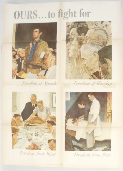 1943 WWII Advertising Norman Rockwell Poster.: This 1943 WWII era poster advertises the four Freedom posters. There is some discoloration and some bleed through from stickers placed on the back. Condition (Very Good).