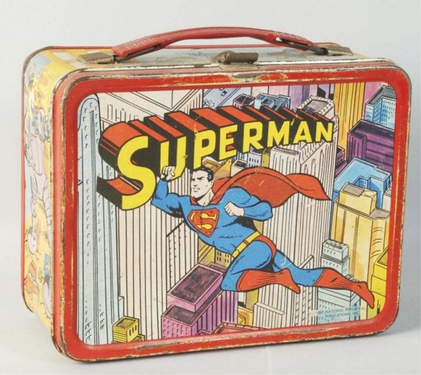 Superman Tin Litho Lunchbox.: Marked Thermos Division King-Seeley Thermos Co. National Periodical Publications, Inc. 1967 has nice scene in front of Superman flying around the city. Some scratching paint loss and edge wear especia