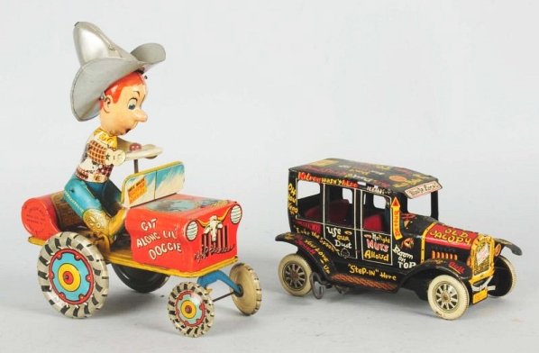 Lot of 2: Tin Wind-up Toy Cars.: First is a Marx old Jalopy toy is all original does have some scratching throughout. Second is a unique art Rodeo Joe Krazy Car. Car is all original does have some wear and scratching throughout. Cond