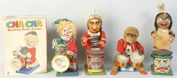 Lot of 4: Japanese Battery Op. Figural Toys.: One is original box which is Cha-Cha the beating drum clown also two drumming mad indians and one monkey playing a bongo he is missing his hat. Some soiling to clothing. Box has some creasing. Conditi