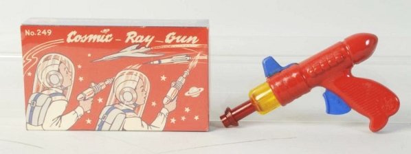 Cosmic Ray Gun.: All plastic. Works and sounds great. Box is shrink wrapped. Toy (Excellent). Box (Excellent). Size 7 - 3/4" L.