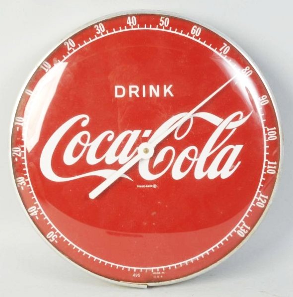 Round Coca-Cola Advertising Thermometer.: This Coca-Cola thermometer has some areas of corrosion around the metal rim. Condition (Very Good). Size 12" Dia.