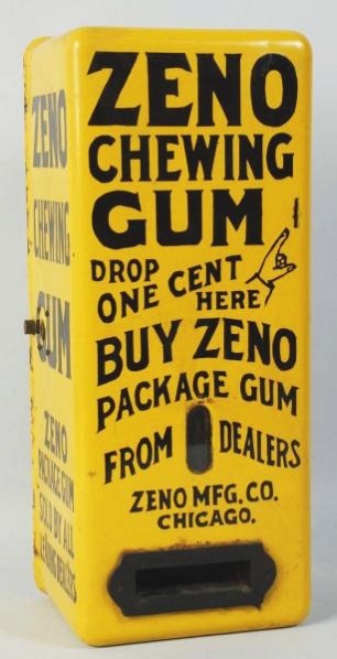 Zeno Chewing Gum Coin-Op Machine.: Machine has a few areas of loss to the side panels. The front face is very nice and clean. Condition (Very Good). Size 17" T.