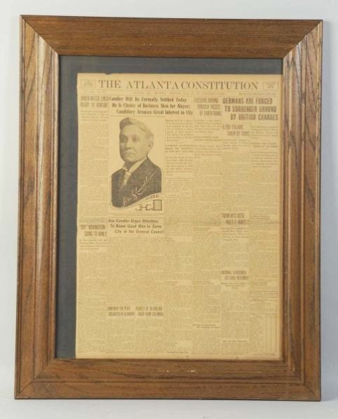 1916 Atlanta Constitution with Asa Candler.: A nice front page of the paper with great photo of Candler showing. Candler founded Coca-Cola and this speaks of his past history and a potential run for mayor of Atlanta. Framed under glass with ligh