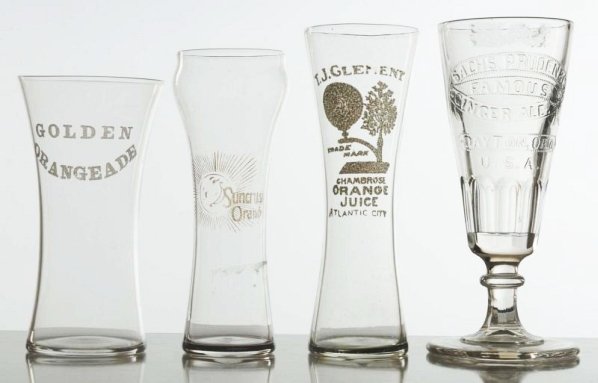 Lot of 4: Tall Advertising Glasses.: All early sodas and all with no wear to speak of. Condition (Near Mint). Size Largest: 6 - 1/2" T.