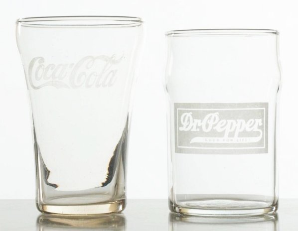 Coca-Cola & Dr. Pepper Acid Etched Glasses.: 1930s and 40s with no wear. Condition (Near Mint). Size Largest: 3 - 3/4" T.