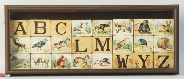 Set of Early Animal Themed Wooden ABC Blocks.: Several of the blocks have areas of loss to the paper labels. Condition (Very Good). Size Framed: 22 - 1/4" x 9".