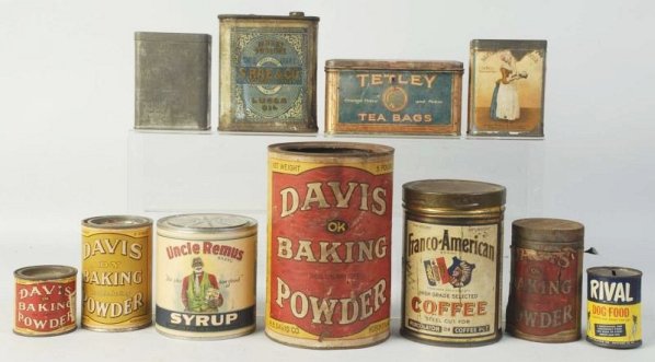 Lot of 10: Assorted Product Tins.: Includes Davis Baking Powder tin, Franco American Coffee tin, Uncle Remus Syrup tin and numerous others. Condition (Very Good). Size Largest: 7 - 3/4" T.