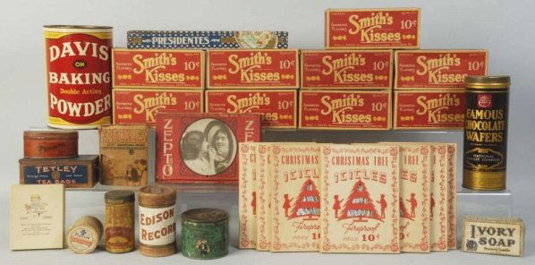 Large Lot of Assorted Advertising Tins & Boxes.: Includes Davis Baking Powder tin, Tetley tea bag tin. Numerous Smiths Kisses candy boxes. Numerous boxes of vintage Christmas Tree ice icicles and many other items. Condition (Excellent). Size Largest