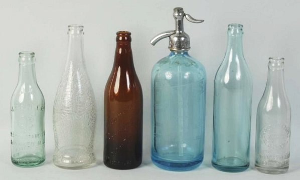Lot of 6: Assorted Glass Bottles.: Includes a Davis Seltzer Bottle, and five other assorted soda bottles. Condition (Excellent). Size Largest: 11 - 1/4" T.