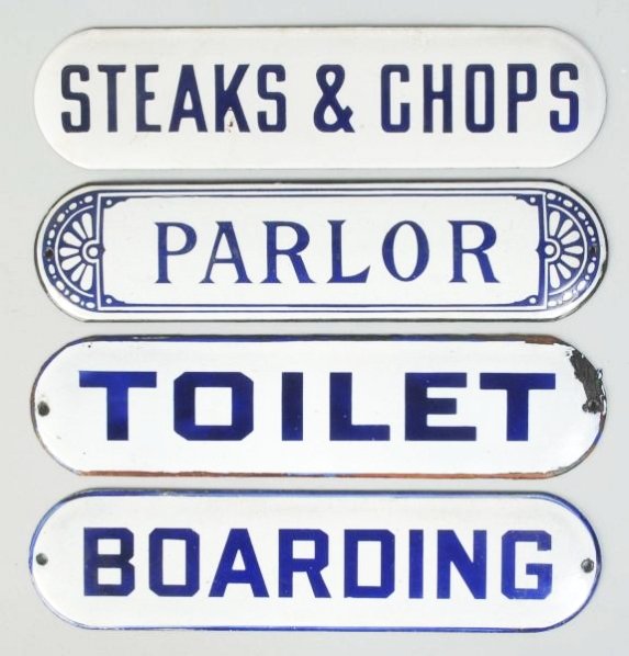 Lot of 4: Small Porcelain Signs.: The wording on these signs includes, Boarding, Steaks and Chops, Toilet and Parlor. The toilet sign has a moderate area of loss. Others are very nice and clean. Condition (Excellent). Size Largest: 10