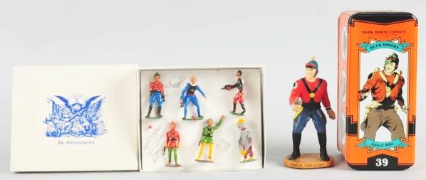Misc. Lot of Buck Rogers Plastic & Diecut Figures: Includes a contemporary plastic Dark Horse comic Buck Rogers figure in original tin with the metal pin, and a DP miniatures set of six contemporary Buck Rogers figures including Buck, Wilma, and other