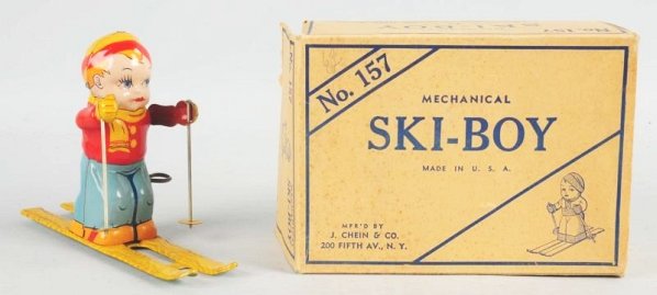 Chein Tin Litho Wind-up Ski-Boy Toy.: Includes original box marked "No. 157". Size Box: 7 - 3/4" L.