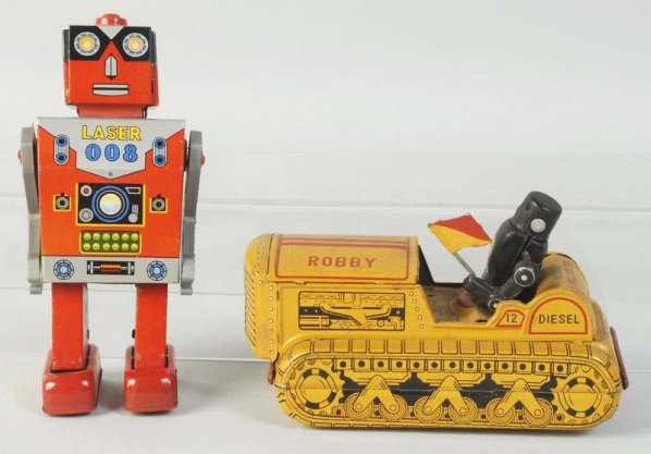 Lot of 2: Japanese Tin Litho Friction Space Toys.: Includes a Robby Bulldozer holding an original flag. Some bending to the figure. Also includes a Crank Daiya Laser 008 Robot which is tin with plastic arms. Has minor scratching and wear. Condition (V