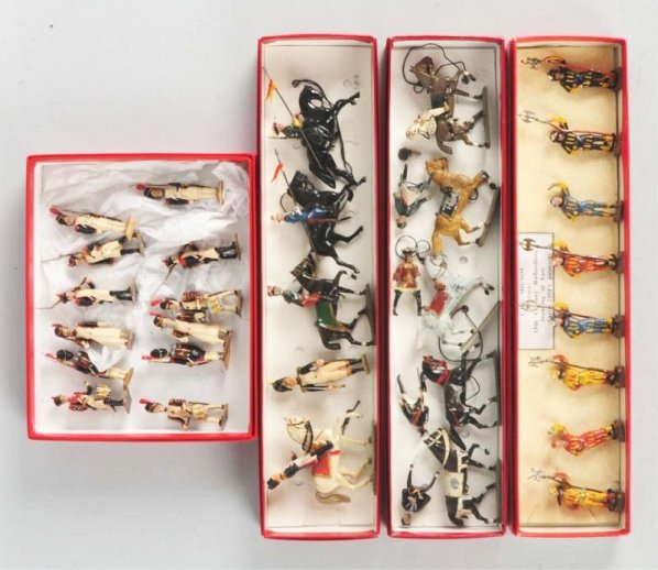 Lot of 4: Sets of European Soldiers & Figures.: All come in boxes, but the boxes are not original. Look to be mostly post-war. French mignot. Includes a set of Halberdiers, a Napoloen on horseback, and a set of marching French soldiers and other fi