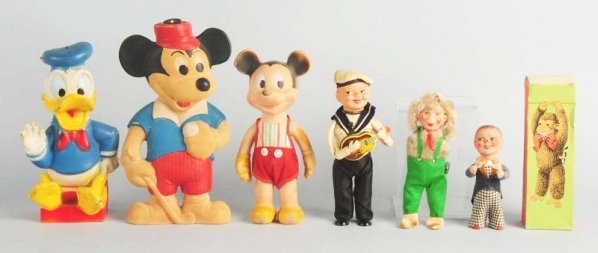 Lot of 6: Assorted Plastic Toys.: Includes a few wind-up, a few fur covered, a Walt Disney Mickey Mouse and Donald Duck rubber figures. Condition (Very Good). Size Largest: 10 - 1/2" T.