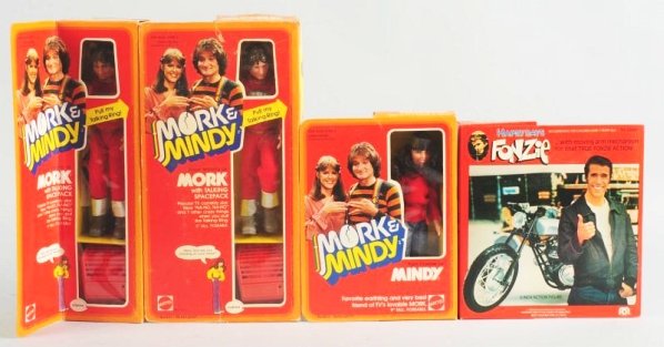 Lot of 4: TV Character Action Figures: Includes two talking Morks, one Midy and one Fonzie all in original boxes. Some wear. Condition (Excellent). Size Largest: 14" L.
