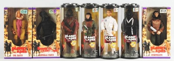 Lot of 7:Planet of the Apes Action Figures & Doll: All are Hasbro Signature Series. Three in original boxes and four in original plastic tubes. Includes several characters. Condition (Excellent - Near Mint). Size Largest: 14" L.