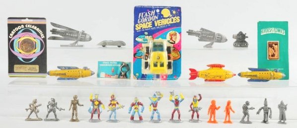 Lot of Vintage and Contemporary Space Items.: Includes lead and plastic space figures and vehicles, three tootsietoy Buck Rogers spaceships, a Flash Gordon space vehicle on card, and varous post cards and medals. Condition (Very Good). Size Large