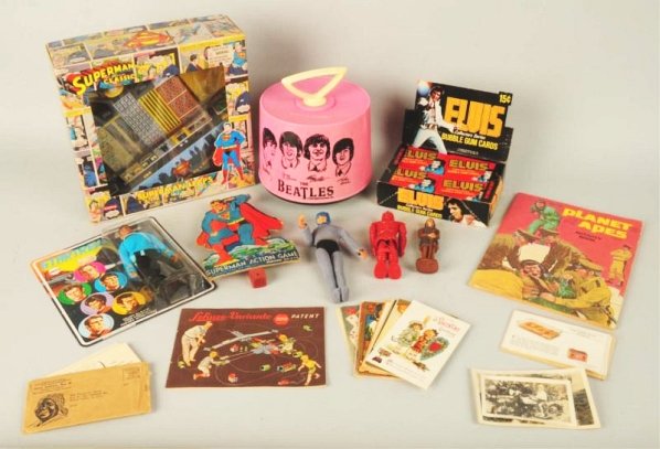 Lg. Lot of Vintage & Contemporary Character Items: Includes a Beatles record holder, a Star-Trek Mego Doll on card, a piece from a Superman action target game, a box of Elvis Presley cards, a contemporary superman wind-up toy, and other items. Conditi