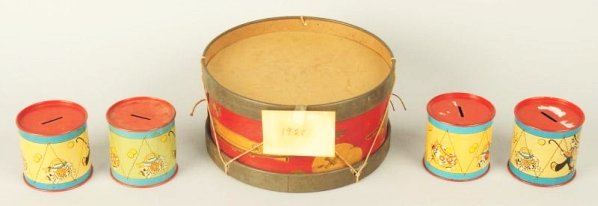 Lot of 5: Vintage Tin Litho Toy Drums.: Four of the smaller drums are still banks with traps on the bottom. These four are circa 1950s. The larger of the five is circa 1920s. Some soiling to top of the large drum. Condition (Very Good). Siz