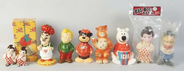Lot of 8: Assorted Character Items.: Includes a Big Boy ceramic salt and pepper shaker set, a Big Boy Vinyl in bag, a Squirt boy ceramic, an A&W Root Beer Ceramic, and an Icee Vinyl. Circa 1960s - 1970s. Condition (Very Good). Size Large