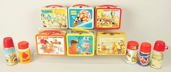 Lot of 6: Vintage Tin Lunchboxes & 10 Thermoses.: Five of the lunch boxes have their original thermos. The Disney Parade lunch box has no thermos. Includes five extra thermoses including a Jetson thermos. Jetson thermos does have some denting and scr