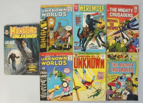 Lot of 7: Assorted 1960s Comic Books.: This lot includes titles such as The Mighty Crusaders, Werewolf, Adventures into the Unknown, and others. Condition (Very Good - Excellent).