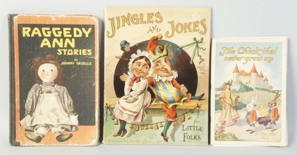 Lot of 3: Children's Books.: Includes Raggedy Ann stories, The Chick that never grew up, and a very nice copy of Jingles and Jokes featuring Punch. Condition (Good - Excellent). Size Largest: 9 - 3/4" x 7 - 1/2".