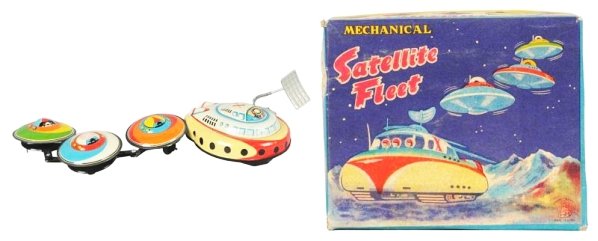 Tin Litho Wind-up Satelite Fleet.: Made in Japan by TPS. Working. Includes orignal box. Could clean to a better grade. Some minor scratches throughout. The last spaceship is missing the wheels. Toy (Very Good). Box (Excellent - Near Mi