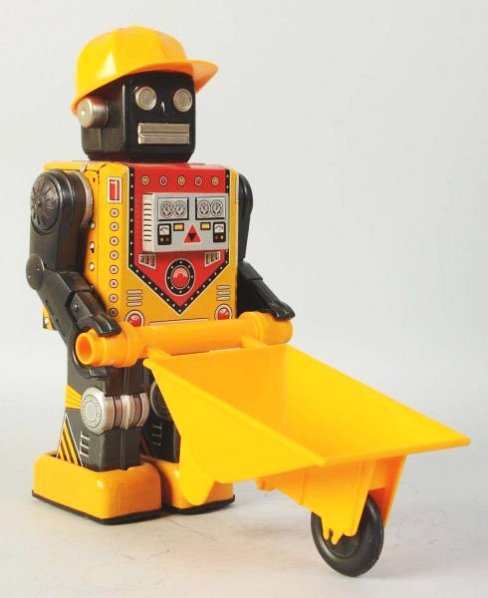 Construction Robot.: Some wear to the high points. Small crack in the wheel barrel where the handle goes into the bucket. The wheel is loose to the front of the wheel barrel which is also a replacement. Toy (Very Good - E