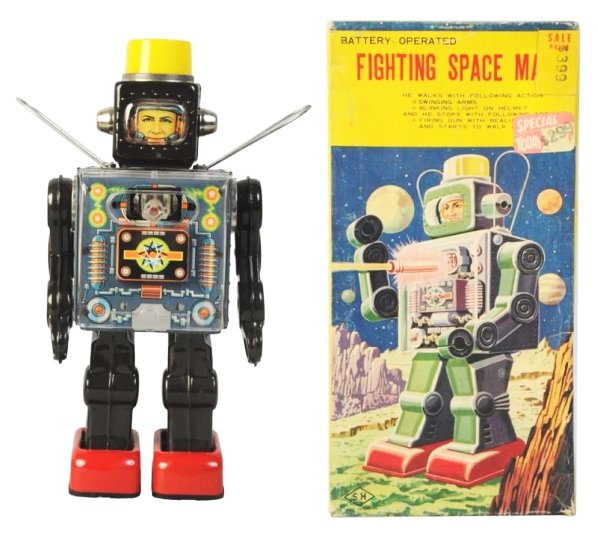 Tin Litho & Painted Fighting Space Man.: Battery operated. Made in Japan by Horikawa. Working. Includes original box. Box does have two price tags adhered to the face of the box. Some slight creasing and wear. Toy (Excellent - Near Mint). Bo