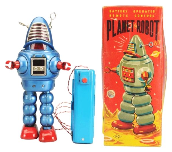 Tin Painted Planet Robot AKA Robby.: Battery operated. Made in Japan by Yoshia. Working. Includes original box. Toy has some pin point outward dents on the back, more than likely factory. Box has one tear repair to one edge on the top pa