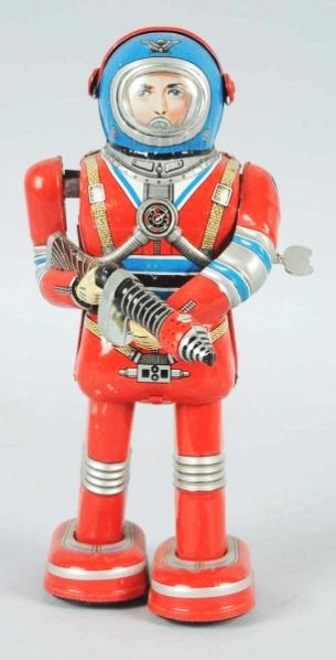 Tin Litho WInd-up Moon Astronaut.: Made in Japan by Diaya. Working. Has some scratching where the gun is raised and lowered. Minor scratching throughout. Toy (Excellent). Size 9" T.