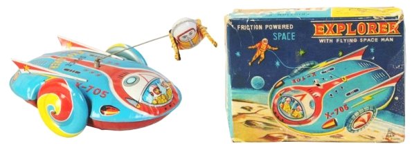 Tin Litho Friction Space Explorer.: Includes flying space man. Made in Japan by TPS. Working. Includes original box. Has some scratching throughout the toy. Some scuffs to the top of the astronauts head. Box has several tears and tear r