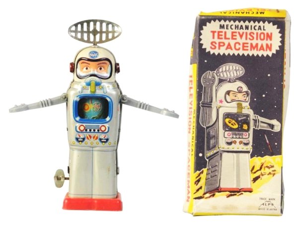 Tin Litho & Plastic Mech. Television Space Man.: Made in Japan by ALPS. Working. Includes original box. Chrome antenna is oxidized. Box is somewhat crushed and some areas of creasing. Toy (Excellent). Box (Good - Very Good). Size Box: 6 - 3/4" T.