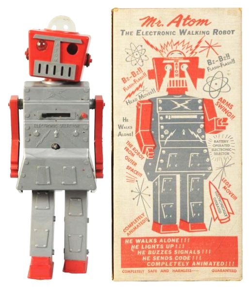 Mr. Atom Electronic Toy Walking Robot.: Battery operated. Includes original box. Box has inserts. Some creasing to box. Toy itself needs to be put back together. Made by the Advanced Doll & Toy Co. Condition (Very Good). Size Box: 18 - 1/2"